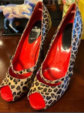 Leopard Print Peep-Toe Heels with Red Interior